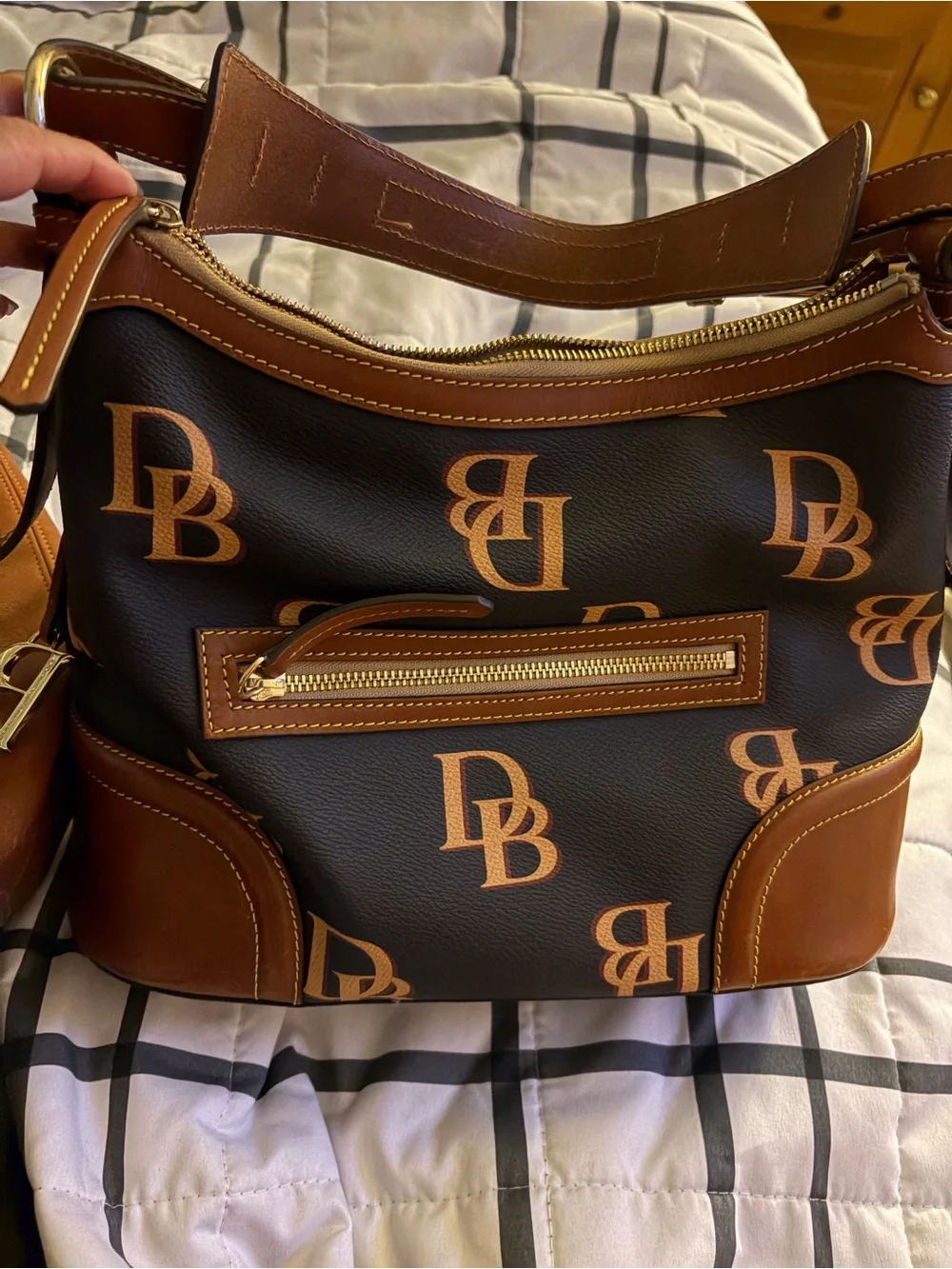 Dooney & Bourke Black and Brown DB Logo Hobo with Gold Hardware